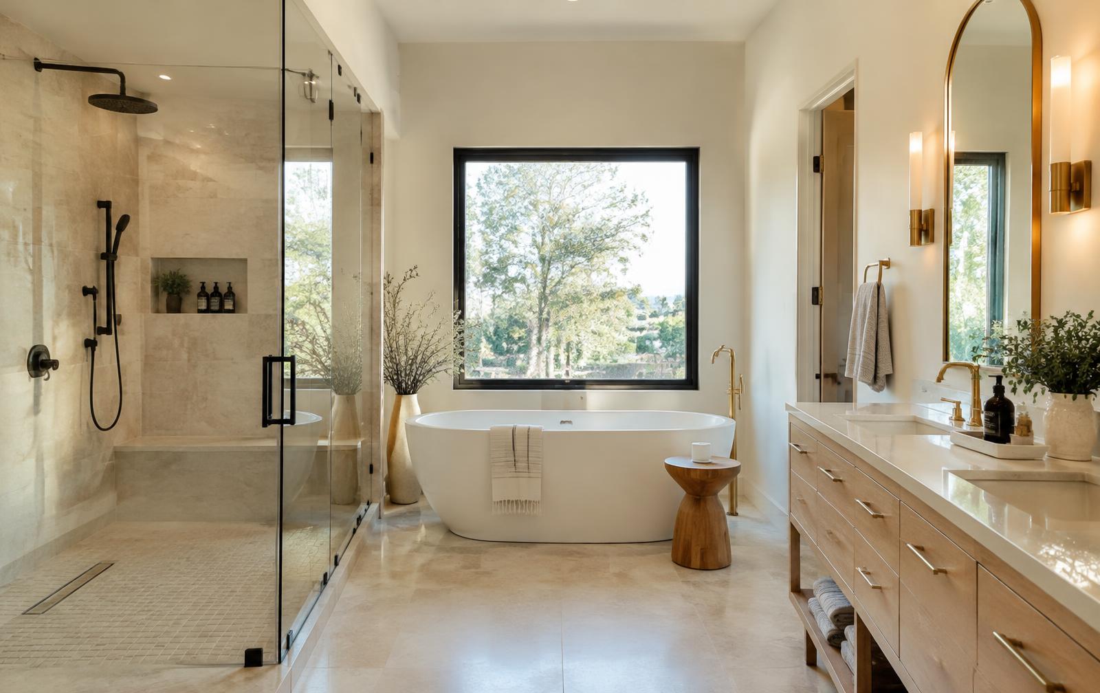 Bright modern bathroom with a freestanding tub, glass walk-in shower and wood vanity